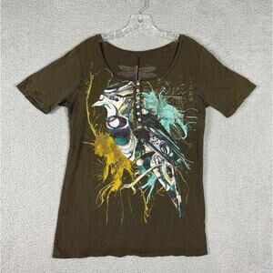 Idylle T-shirt Women’s Large Brown Henley Bird Abstract Art Boho Chic USA Top